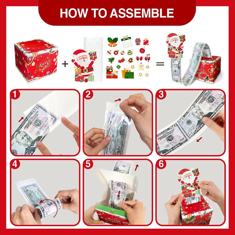 YAOLIGIFT Christmas Money Box for Cash Gift Pull, Surprise Explosion Gift with 60Pcs Transparent Bags for Christmas, DIY Holiday Cash Box for Money Holder for Women Men Girls Boys Mom Dad (Red) - Image 3